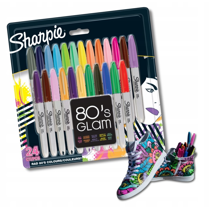 Комплект от 24 перманентни маркера Sharpie 80's Glam, 5 ярки цвята, тънък връх 1 мм, многоцветни