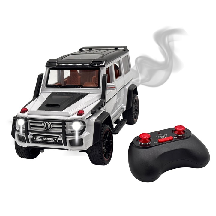 Fém Mercedes G-osztály Távirányítós Autó, 23 cm, Füst, Nyitható Ajtók, Fényszórók, Akkumulátor, Teljes 360°-os Irányítás - Fehér