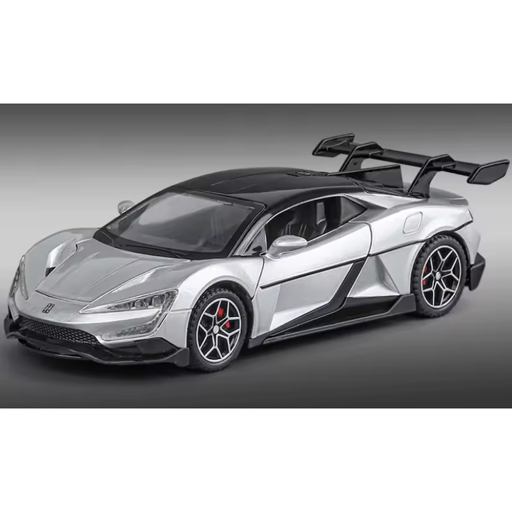 BYD Yangwang U9 fém kisautó, 1:32, visszahúzós funkció, nyitható ajtók, motorháztető és csomagtartó, fény- és hanghatással, 15 cm, ezüst