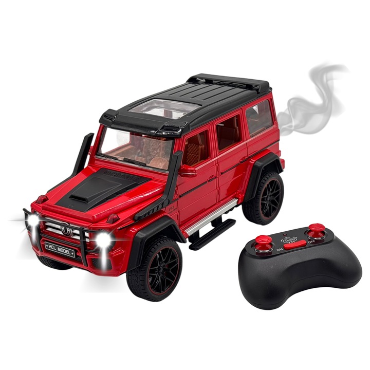 Fém Mercedes G-osztály Távirányítós Autó, 23 cm, Füst, Nyitható Ajtók, Fényszórók, Akkumulátor, Teljes 360°-os Vezérlés - Piros