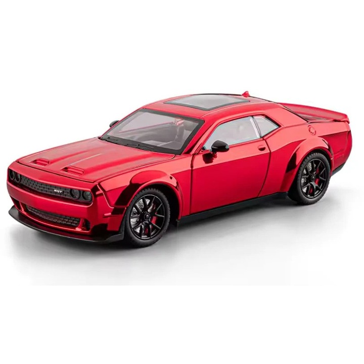 Automacheta Dodge Challenger SRT din Metal, 1:24, Functie Pull-Back, Usi, Capota si Portbagaj Deschizatoare, Sunete si Lumini, 20cm - Rosu