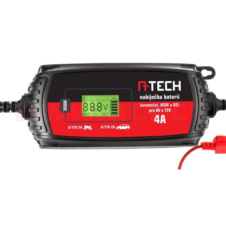 Incarcator A-TECH 6/12 V, 3-120 Ah, 4 A, pentru baterii GEL, AGM, conventionale, 230 V, 1.5 m