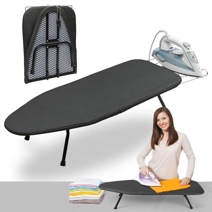 Masa de calcat pliabila, Bedee, Panou extra-mare, rama ingrosata, husa din material textil rezistenta la caldura, include suport de depozitare din fier, placa din otel carbon/lemn, 81*31*16cm, negru