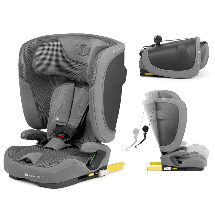 Scaun auto KinderKraft FIX2GO, 76-150 cm, Grey, fixare ISOFIX, sistem de protecție avansat, gri