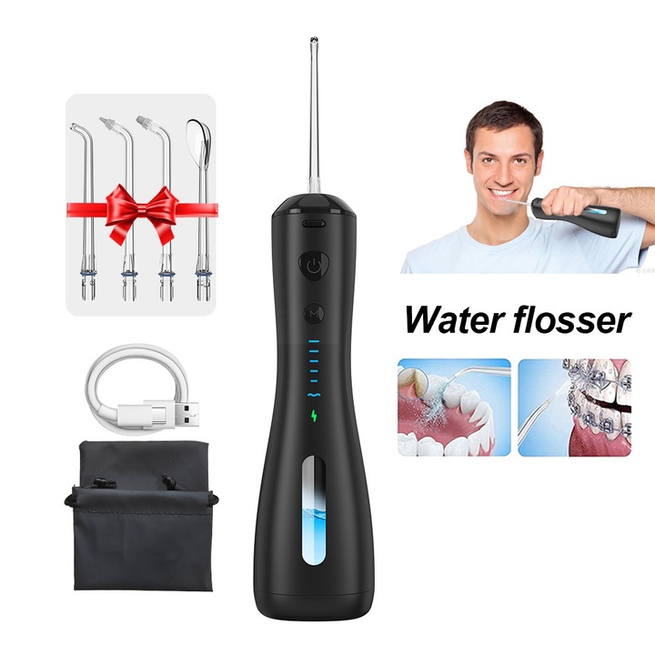 Irigator oral electric portabil Magic Blaze™ [Dus Bucal] pentru uz casnic, 6 moduri de curatare, 5 capete diferite, Impermeabil IPX7, Rezistent la apa, Reincarcabil type C, Pentru curatare aparat dentar, gura si ingrijirea gingiilor, rezervor 300ml, Negru