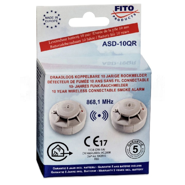 Detector de fum wireless Fito, 3V, 10 ani, conectare cuptoare, frecvență 868 MHz