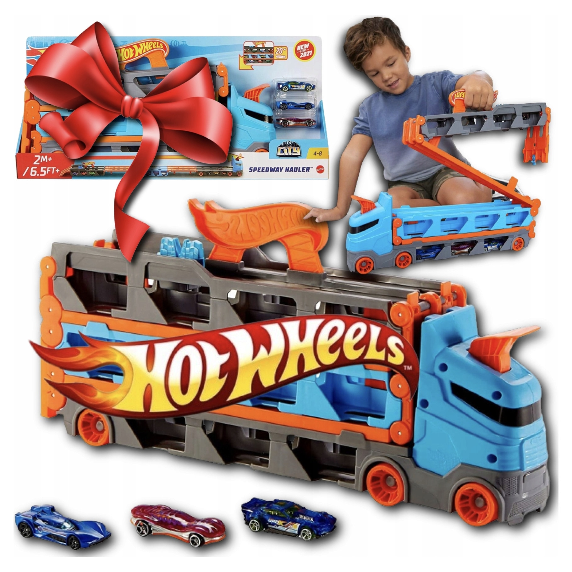 Masinuta Hot Wheels Transporter 2in1, Mattel, camion cu pista