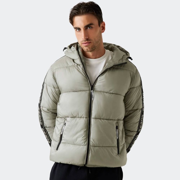 Geaca matlasata barbati, GUESS, Arlo, verde, poliamida, cu gluga, cu fermoar