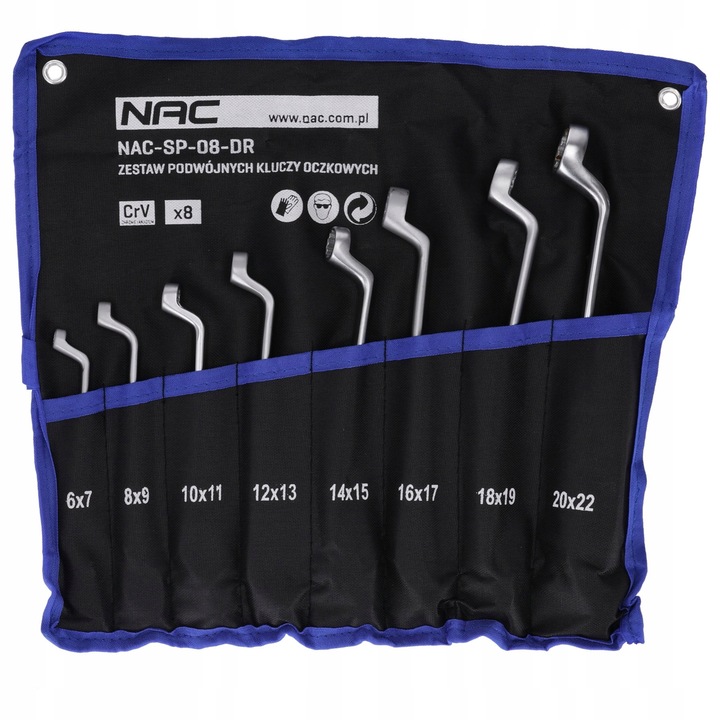 NAC CrV dupla gyűrűs kulcskészlet, 8 db-os, 6-22 mm, tokkal
