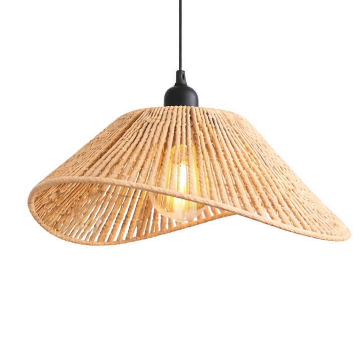 Lampa suspendata tip pendul din fibra naturala, stil boho scandinav, E27, Ø45 cm, bej, pentru living, dining si bucatarie