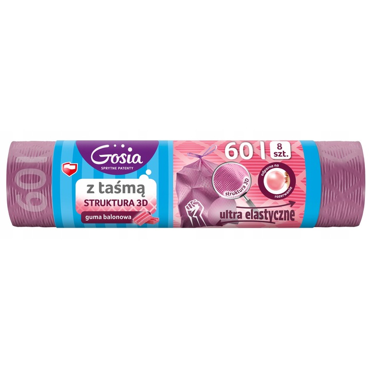 Торби за боклук Gosia, комплект 8 броя, 60л, оребрени, аромат дъвка