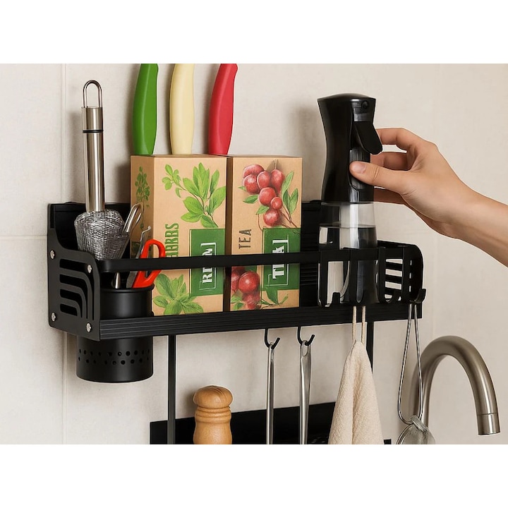 Etajera Metalica pentru Bucatarie/Baie,2 Niveluri, 39x12x24 cm, 6 carlige, Anti-coroziune, Anti-Rugina, culoare Negru