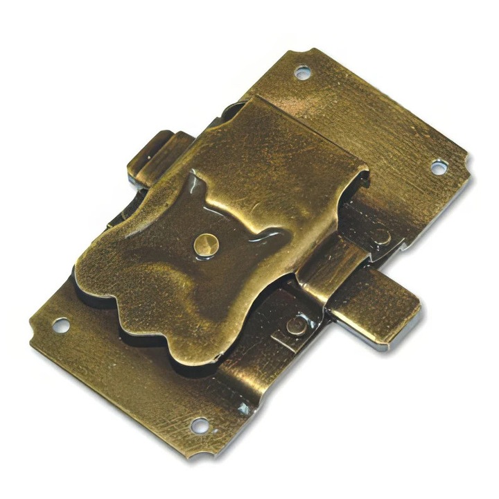 Antik bútor zár, kulccsal, belső szerelés, acél, 94×52 mm, antik réz szín