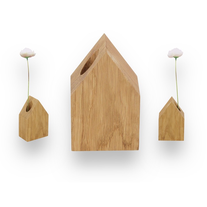 Vaza din lemn de stejar, decor minimalist, forma geometrica, finisaj ulei natural, 20x10cm