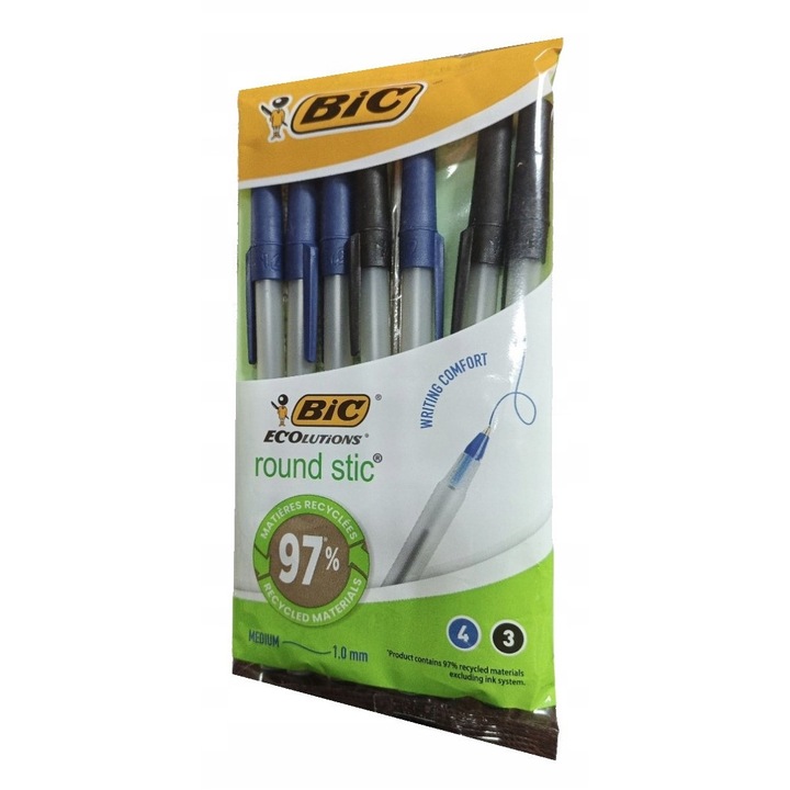Комплект 7 химикалки BiC Round Stic, 4 сини + 3 черни, 1.0 мм