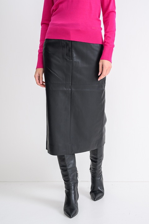 CALVIN KLEIN, Fusta midi din piele ecologica cu buzunare, Negru, XS