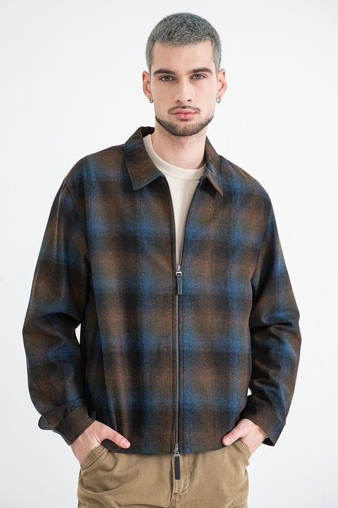 CALVIN KLEIN, Карирано яке с вълна, Тъмнокафяв/Черен/Тъмносин