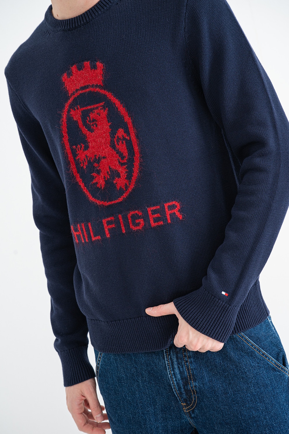 Tommy Hilfiger, Pulover din bumbac organic cu logo, Rosu