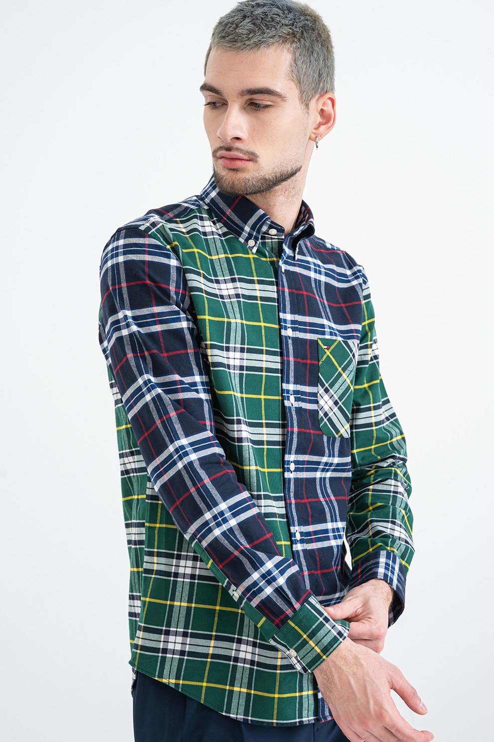 Tommy Hilfiger, Camasa din bumbac cu model in carouri, Alb, Galben, Verde inchis, M