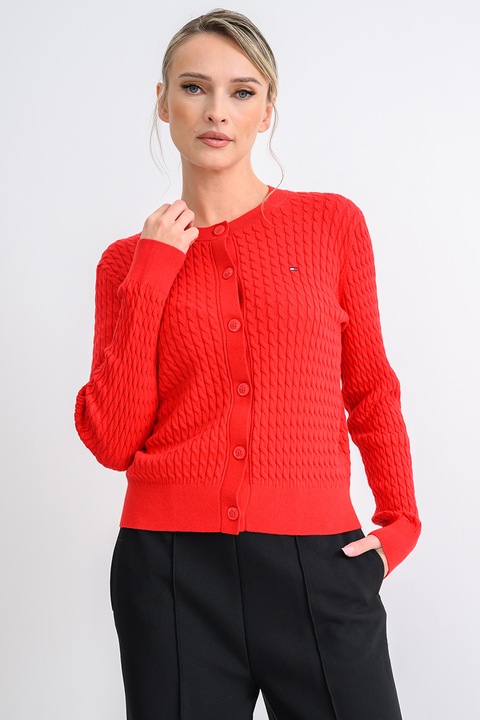 Tommy Hilfiger, Cardigan din bumbac organic cu design torsade si nasturi, Rosu
