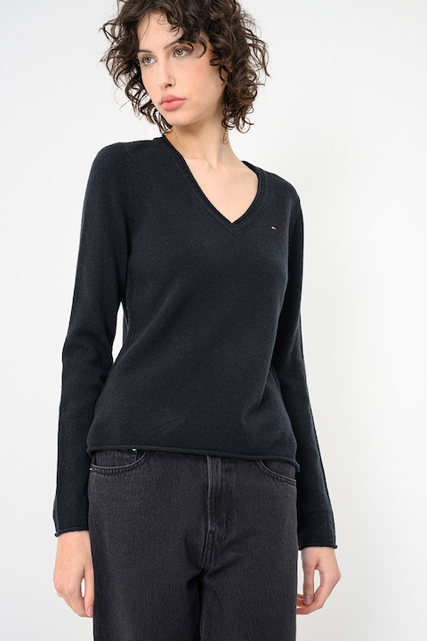 Tommy Hilfiger, Pulover de lana cu decolteu in V, Negru, M
