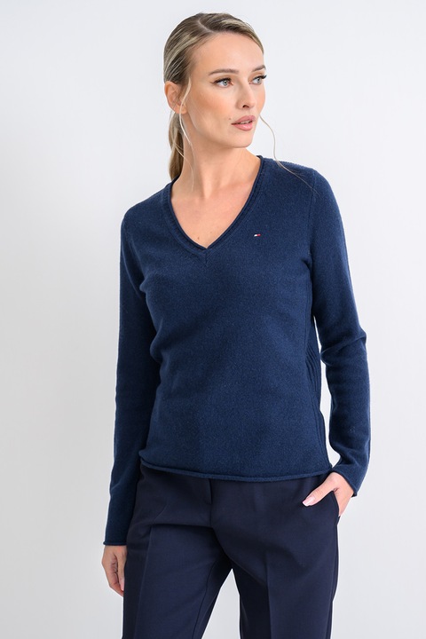 Tommy Hilfiger, Pulover de lana cu decolteu in V, Bleumarin, S
