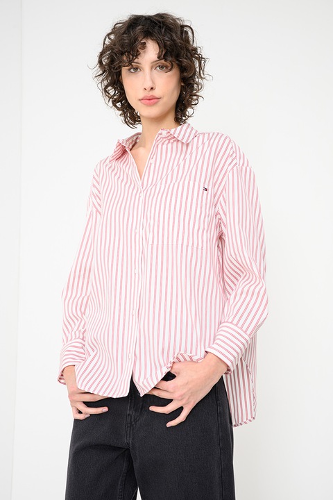 Tommy Hilfiger, Уголемена памучна риза с паднали ръкави, Червен/Бял