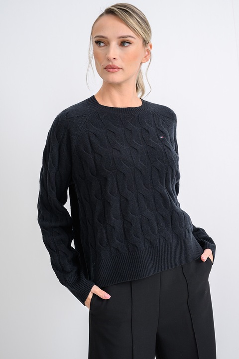 Tommy Hilfiger, Pulover din lana cu design torsade, Negru