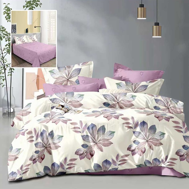 NufJoy® Dupla ágynemű garnitúra, 4 részes, Polycotton, Ágyneműhuzat 230x250 cm, Paplanhuzat 200x230 cm, 2 Párnahuzat 50x70 cm, Lila Levelek