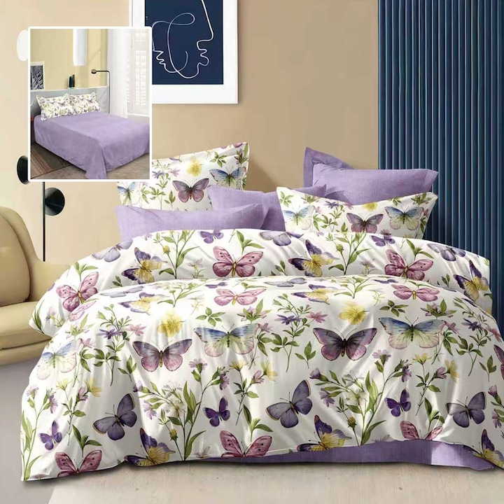Спално бельо за двойно легло, полипамук, 4 части, NufJoy®, чаршаф 230x250 см, плик за завивка 200x230 см, 2 калъфки за възглавници 50x70 см, лилави пеперуди