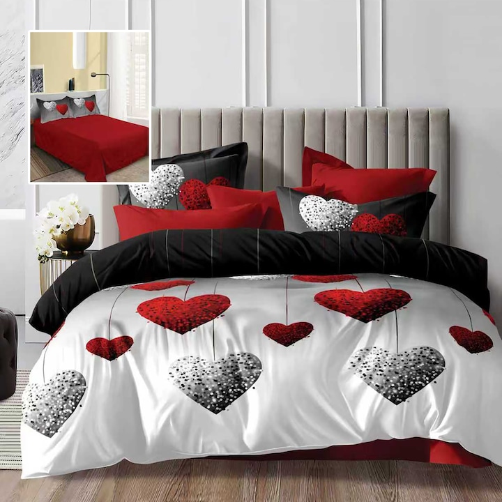 NufJoy® Dupla ágynemű garnitúra, 4 részes, Polycotton, Lepedő 230x250 cm, Paplanhuzat 200x230 cm, 2 Párnahuzat 50x70 cm, Piros cseresznyés szívek