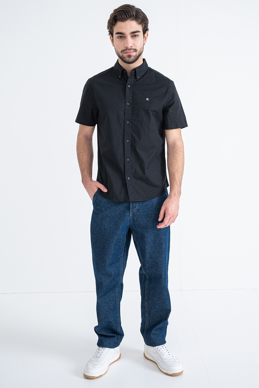 CALVIN KLEIN JEANS, Camasa cu maneci scurte si detaliu cu broderie logo, Negru, L