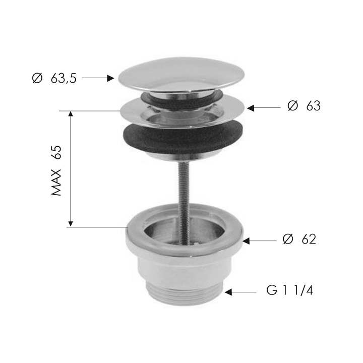 Сифон за мивка Click Clack, Sapho, 5/4", 10-65мм, сребрист
