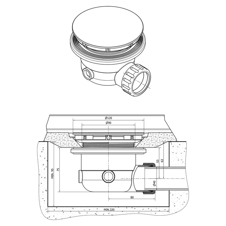 Sifon pentru cada Polysan, 90mm, DN40, capac alb, 77mm, 1 buc.