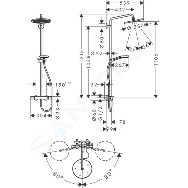 Set de dus Hansgrohe Showerpipe 280, termostat, 280mm, 125mm, culoare crom, lungime brat 400mm