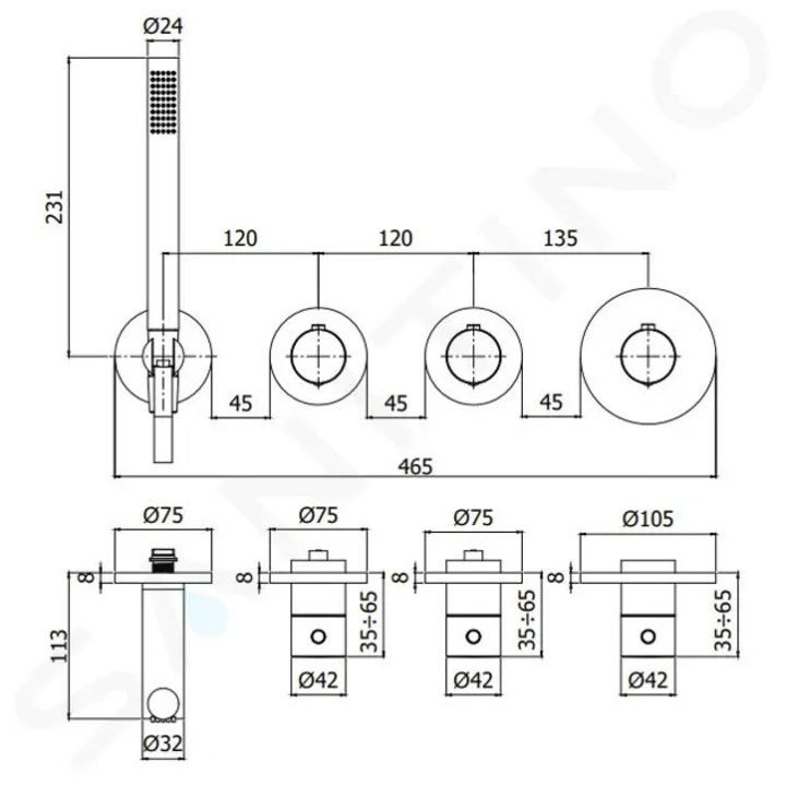 Paffoni termosztatikus csaptelep, 4 lyukú, matt fekete, 2 fogyasztóhoz, méretek 465x231x208mm