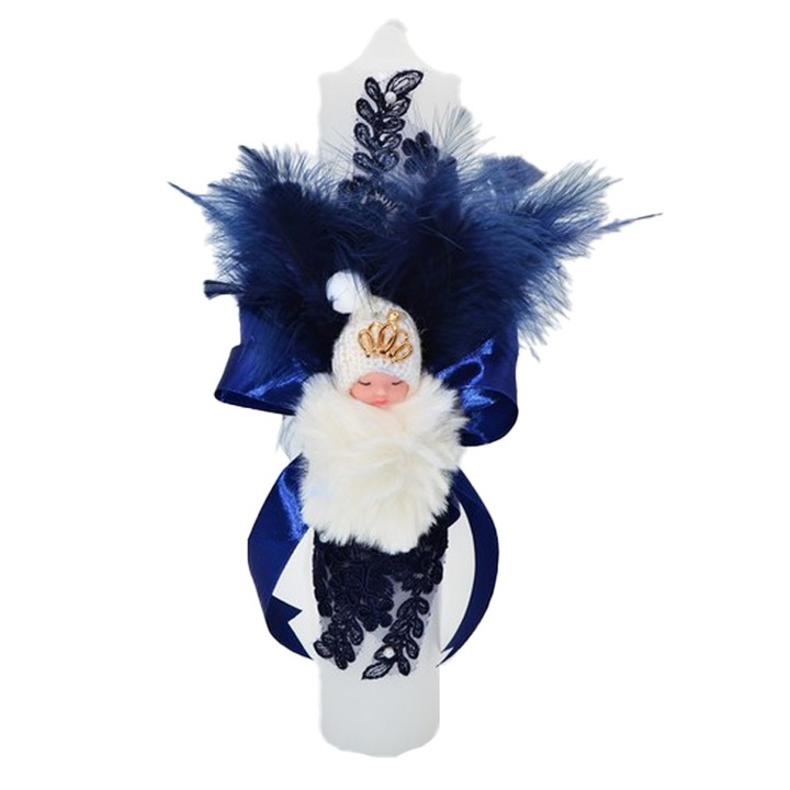 Lumanare din parafina cu dantela si pene, Mini Junior, albastru, 35x6, 5cm, pentru botez