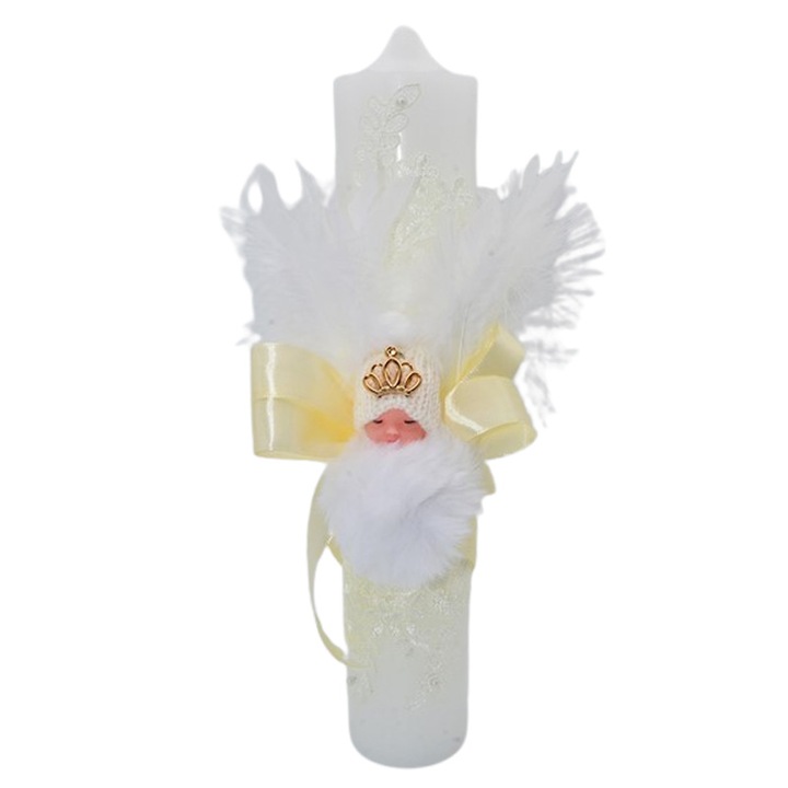 Lumanare pentru botez cu dantela si pene, Mini Junior, 35x6, 5cm, Crem