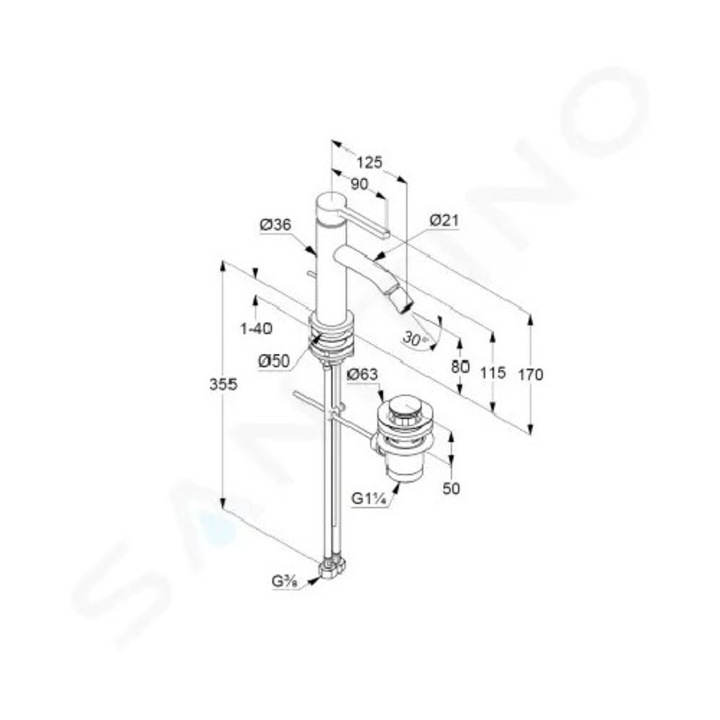 Nova Fonte bidé csaptelep, matt fekete, 170 mm magasság, 125 mm hosszúság, egylyukú rögzítés, szett