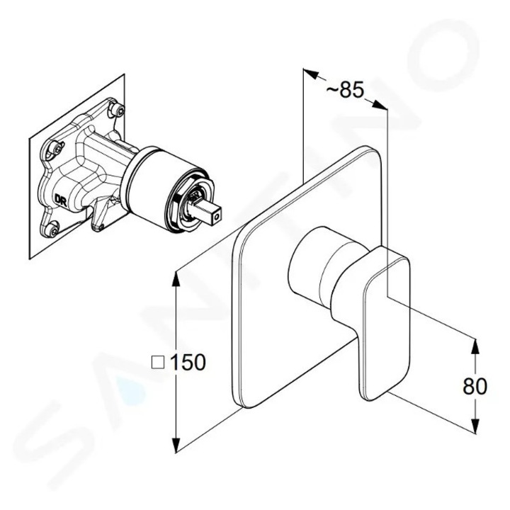 Baterie sanitara pentru dus, Kludi, montare sub placa, mata alba, 150x150mm, control ceramic, limitare temperatura maxima