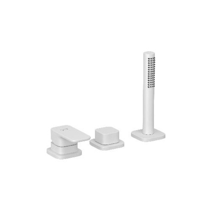 Kludi csaptelep, 3-lyukú, matt fehér, kád szélére szerelhető, kihúzható zuhanyfejjel, 1500 mm