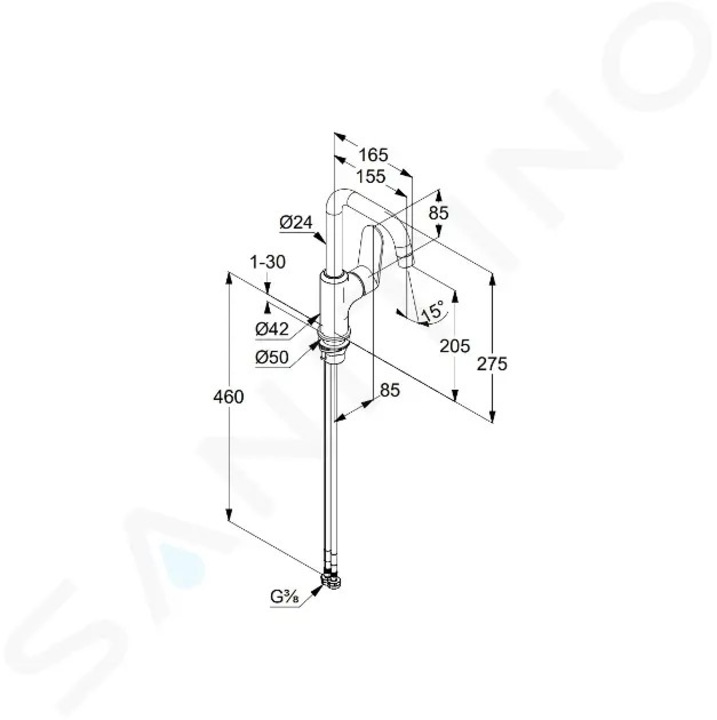 Stojankova szaniter csaptelep, matt fekete, 275 mm magasság, 155 mm hosszúság, pultra szerelhető, oldalsó vezérléssel