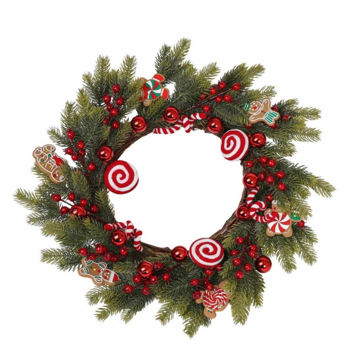Coronita de Craciun DacEnergy, ornamente turta dulce si bobite rosii, verde, diametru 55cm