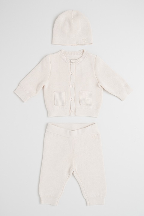 CALVIN KLEIN, Set de cardigan, pantaloni si caciula, Crem
