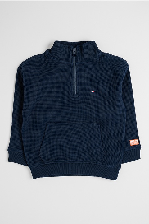 Tommy Hilfiger, Суитшърт с джоб кенгуру и къс цип, Тъмносин