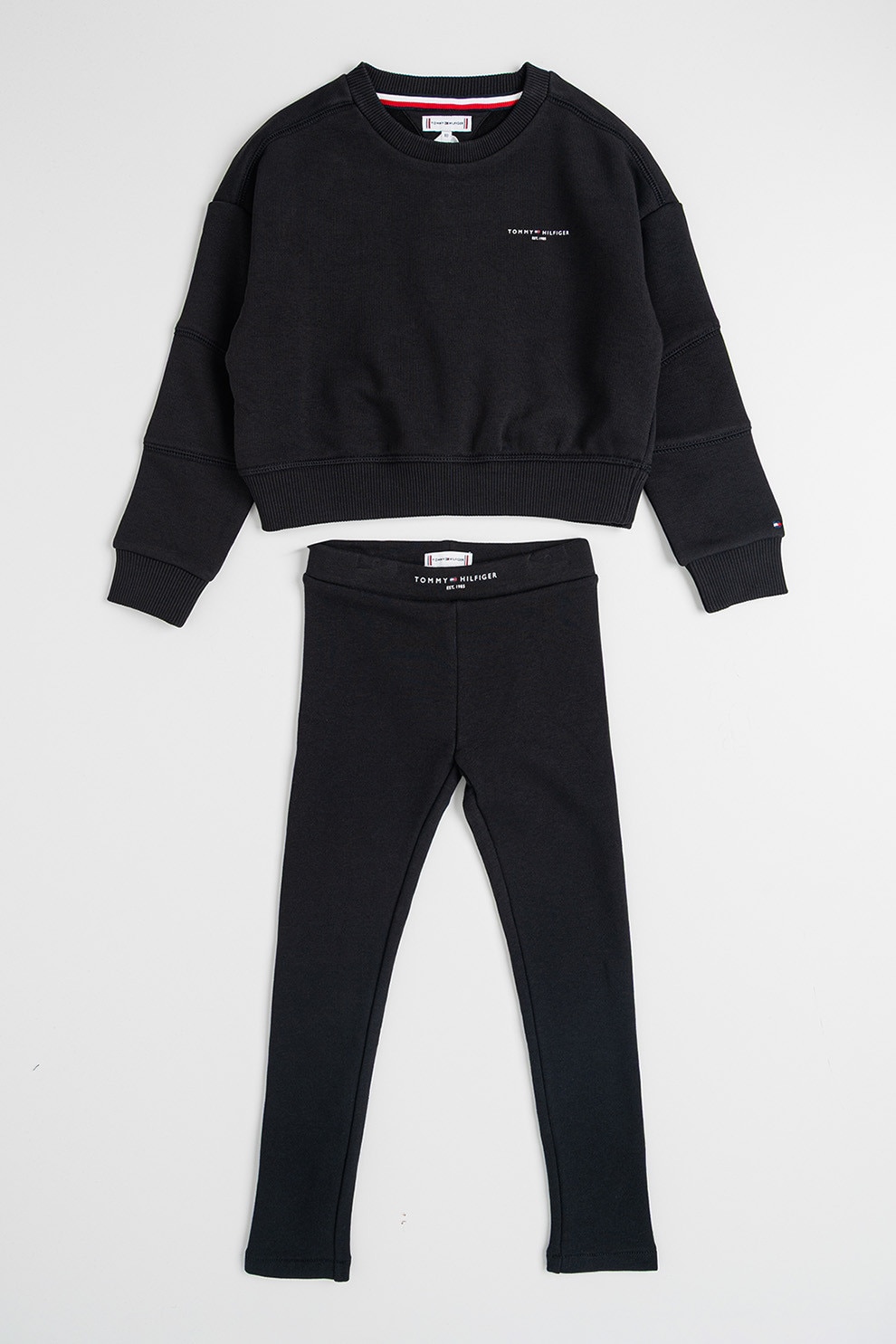 Tommy Hilfiger, Set de bluza de trening si colanti cu detalii logo - 2 piese, Negru, 166 CM