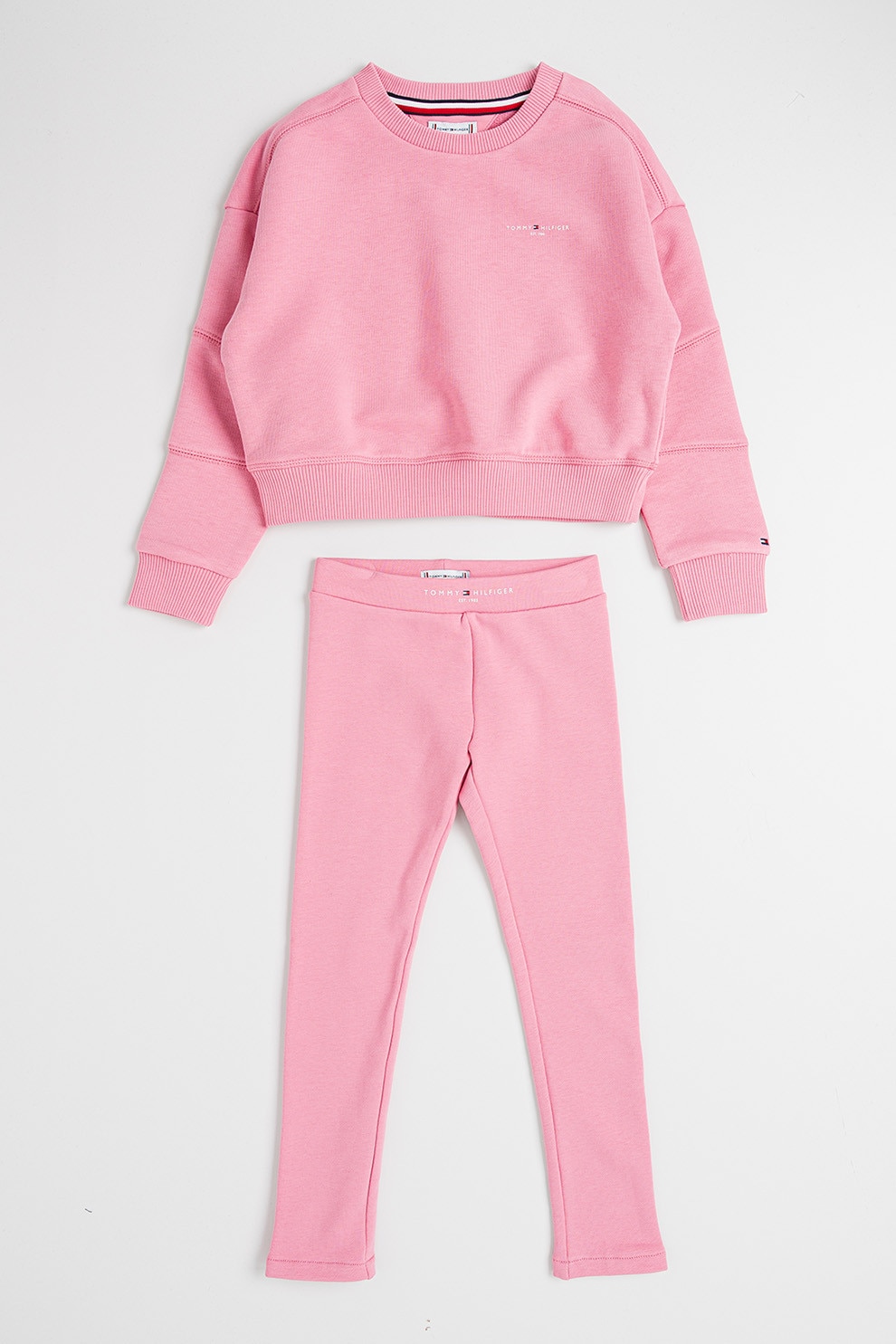 Tommy Hilfiger, Set de bluza de trening si colanti cu detalii logo - 2 piese, Roz deschis, 166 CM