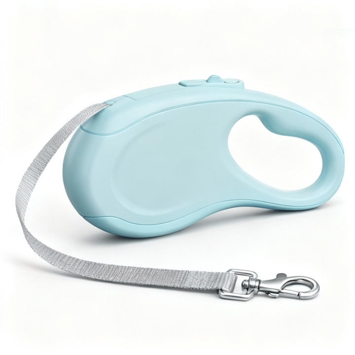 Повод за кучета Nunbell, Прибиращ се, Спиране и заключване с една ръка, Подходящ за кучета до 40 кг, ABS/Найлон, 3 м дължина, Celestial Blue