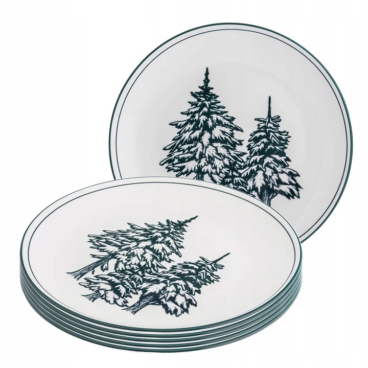 6 darabos tányérkészlet, Altom Design, Szmaragdowy Las, 26 cm, zöld és fehér