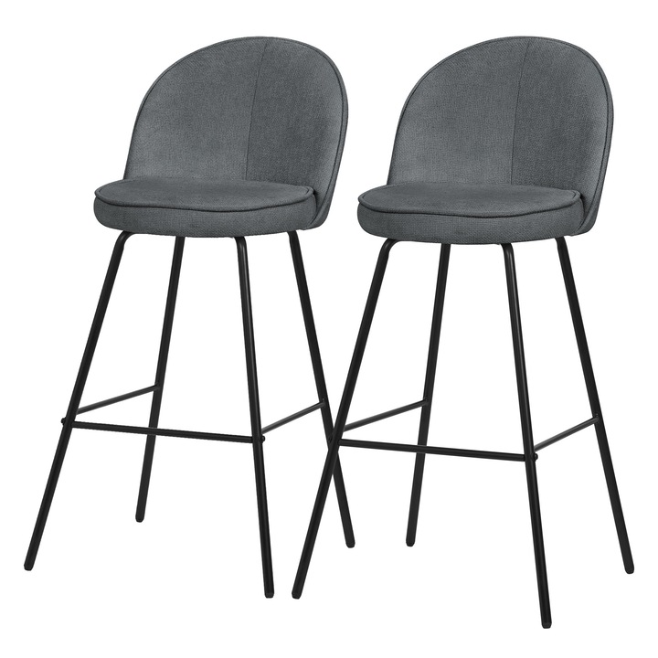 2x Scaune de bar hocker ML-Design tapiterie in culoare antracit din tesatura, inaltime 75 cm, cu spatar si suport pentru picioare, structura metalica modern pentru bucatarie, mobilier de bar bistro